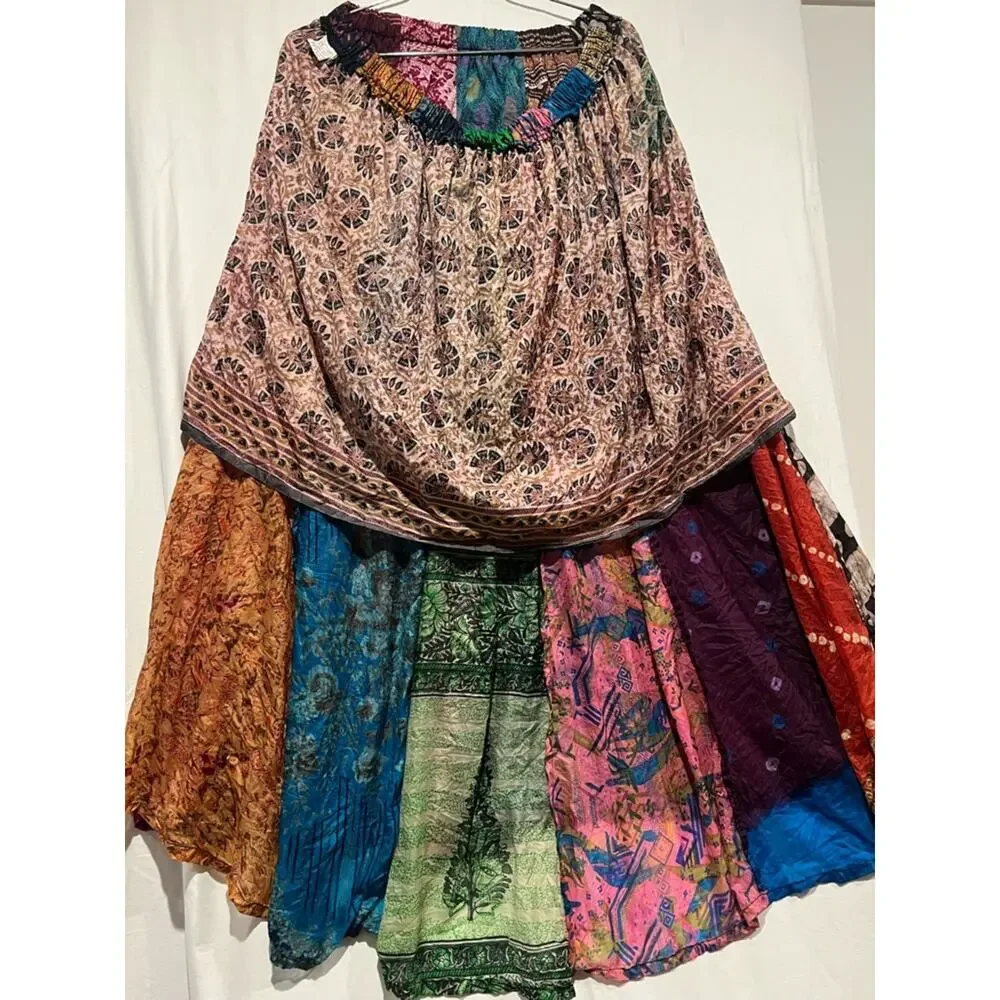 Vintage Artisan Patchwork Sari Silk Boho Maxi Skirt OS Elastic Waist Festival